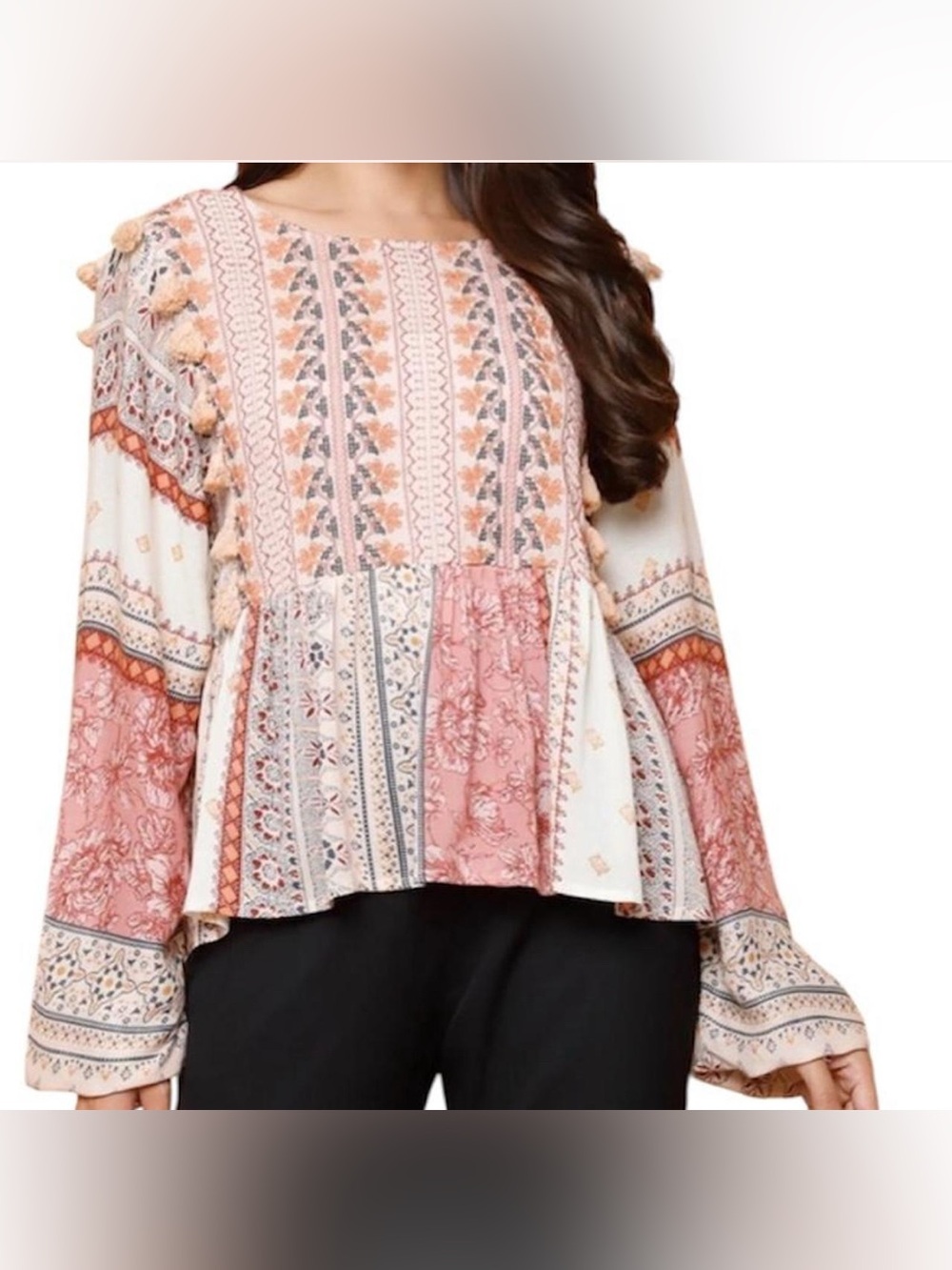 American Eagle Bohemian Tassel Embroidered Floral Mixed Print Peplum Top - M